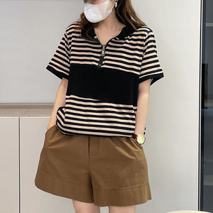 Áo T-shirt hoodies ngắn tay kẻ sọc khóa kéo - NU8379