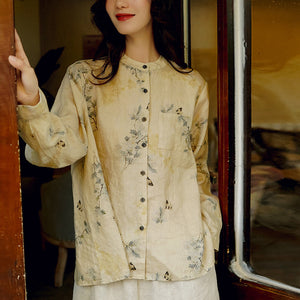 Áo sơ mi linen dài tay cổ đứng in màu nước một túi vuông - NU6740