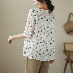 Áo sơ mi linen ngắn tay cổ pipi phối màu khuy sau in hoa lá - NU8435