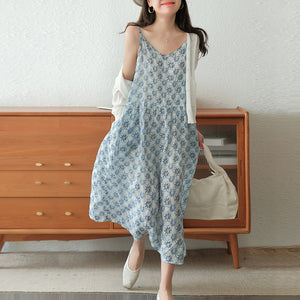 Đầm liền linen hai dây cổ V in hoa lá - NU7071