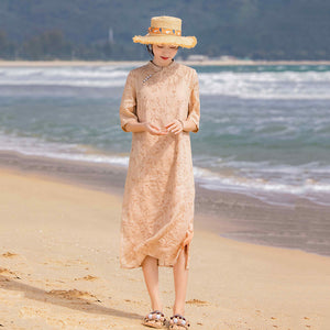 Đầm liền linen ngắn tay cổ đứng khuy lệch thêu hoa lá - NU8372