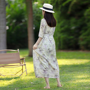 Đầm liền linen ngắn tay cổ tròn khuy cài in hoa lá - NU8266
