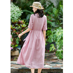 Đầm liền linen retro ngắn tay cổ V một màu - NU5899