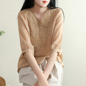 Áo sơ mi linen ngắn tay cổ V thêu hoa lá đồng màu - NU7273