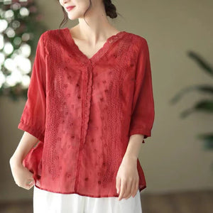 Áo sơ mi linen ngắn tay cổ V thêu ren và dây leo - NU7050