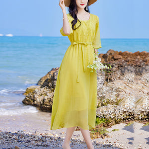 Đầm liền linen ngắn tay cổ tròn thêu bông lúa mạch - OD0738