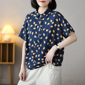 Áo sơ mi linen ngắn tay cổ đức in hoa lá bốn khuy - NU7537