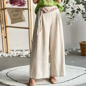 Quần baggy linen lưng cao thêu hoa văn ống rộng - NU8413