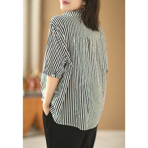 Áo sơ mi linen cổ đức ngắn tay kẻ sọc đứng - NU7065
