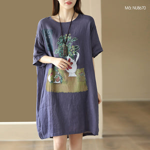 Đầm liền linen ngắn tay cổ tròn in bức tranh tĩnh vật - NU8668