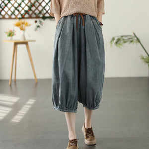Quần baggy lửng denim lưng thun dây rút ống xếp ly - NU8600
