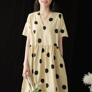 Đầm liền linen ngắn tay cổ V chấm bi - NU5767