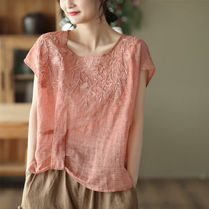Áo T-shirt linen sát nách cổ tròn thêu hoa văn kiểu lệch tà - NU7297