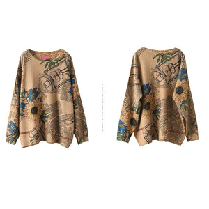 Áo T-shirt len dài tay cổ tròn in hoa hướng dương - NU7875