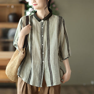 Áo sơ mi linen ngắn tay cổ pipi hoa văn kẻ sọc - NU7470