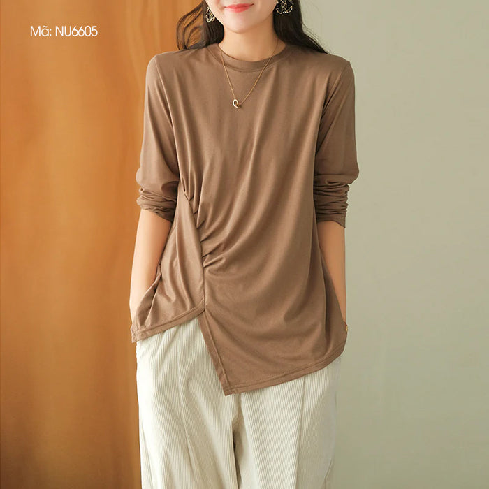Áo T-shirt dài tay cổ tròn xẻ tà xếp ly - NU6603