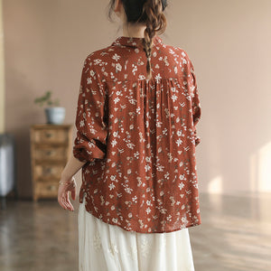 Áo sơ mi linen dài tay cổ đức xếp ly in hoa lá - NU8106