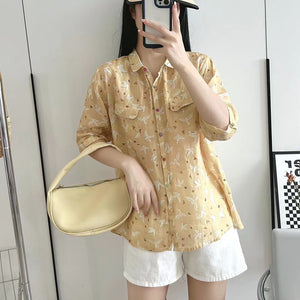 Áo sơ mi linen ngắn tay hai túi vuông in những chú chim - NU7433