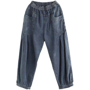 Quần baggy denim lưng thun xếp ly gấu túm - NU6685