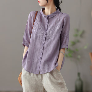 Áo sơ mi linen ngắn tay cổ pipi thêu những bông tuyết đối xứng - NU7182