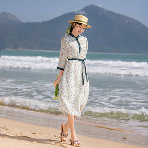 Đầm liền linen tay lửng cổ đứng phối vạt màu in hoa lá - NU8374