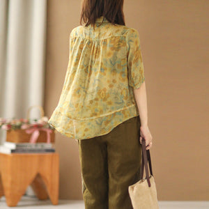 Áo sơ mi linen ngắn tay khuy cài cổ pipi in hoa lá một túi nhỏ - NU6953