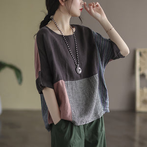 Áo T-shirt linen ngắn tay cổ tròn chắp vá mảng màu caro - NU7274