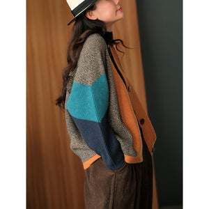 Áo khoác len cardigan dài tay cổ V ba khuy phối màu sắc - NU7783