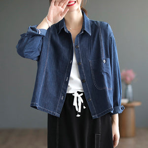 Áo khoác denim retro dài tay cổ đức một túi lớn - NU7713