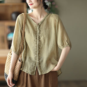 Áo sơ mi linen ngắn tay cổ lá sen ba khuy kiểu thêu hoa văn - NU7164