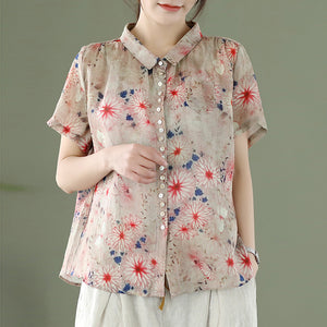 Áo sơ mi linen ngắn tay cổ pipi in hoa lá một túi nhỏ - NU6908