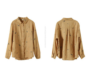 Áo sơ mi linen dài tay cổ pipi thêu hoa cafe - NU7482