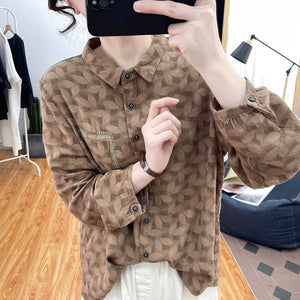 Áo sơ mi linen dài tay cổ đức in những chiếc lá túi giả - NU8591