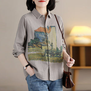 Áo sơ mi linen dài tay cổ đức in tranh đồng quê - NU8341
