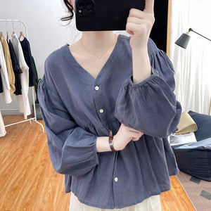 Áo sơ mi linen dài tay cổ V kiểu bo tay - NU8458