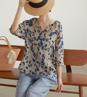 Áo sơ mi linen ngắn tay cổ V một khuy - NU7465