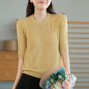 Áo T-shirt len dệp kim ngắn tay cổ tròn một màu - NU7622