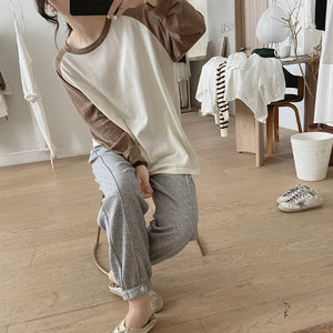 Áo T-shirt dệt kim dài tay phối lệch màu cổ tròn - NU8099