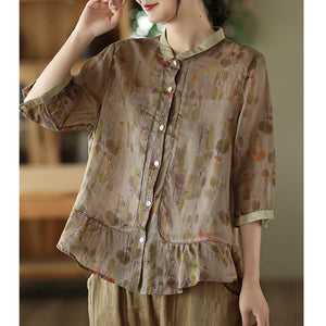 Áo sơ mi linen ngắn tay cổ pipi in hoa lá tà kiểu xòe - NU7557