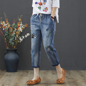 Quần baggy denim thêu mèo và lá cây - NU2449 - kamaka.vn - thời trang nhật
