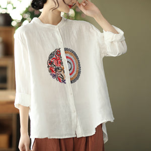 Áo sơ mi linen dài tay cổ tàu thêu hoa văn retro trước ngực - NU6708