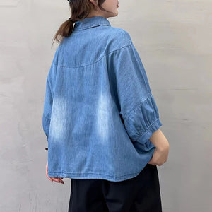 Áo sơ mi denim tay lửng cổ đức vạt bo dây rút - NU8408