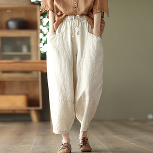 Quần baggy linen lưng thun dây rút ống rộng hai túi chéo - NU6865