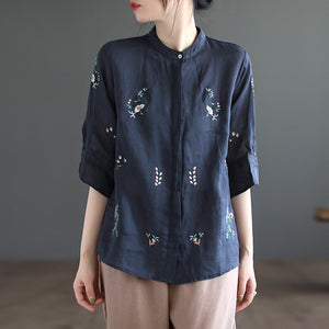 Áo sơ mi linen ngắn tay cổ đứng thêu hoa lá đối xứng hai bên - NU8531