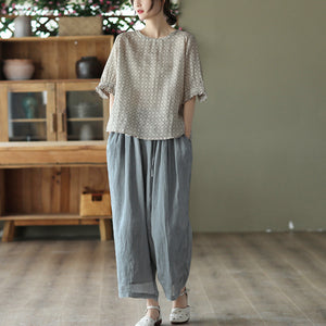 Áo T-shirt linen ngắn tay cổ tròn in những vòng tròn - NU7546