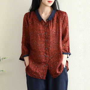 Áo sơ mi linen tay lửng cổ pipi đơn sắc in hoa liti - NU6996