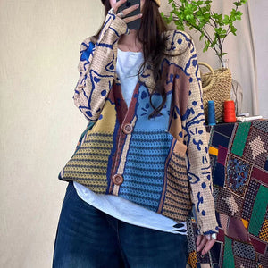 Áo khoác len cardigan dài tay cổ V in những chú mèo - NU8121