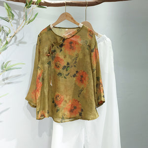 Áo sơ mi linen tay lửng cổ tròn vạt xéo khuy tròn in hoa văn - NU7269