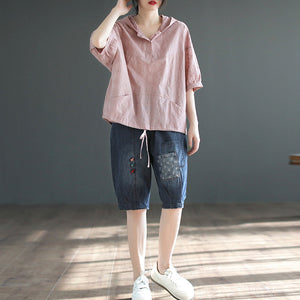 Quần baggy lửng denim lưng thun  hai túi kiểu đính màu sắc - NU8637