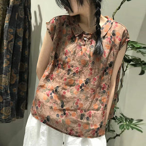 Áo sơ mi linen sát nách cổ pipi in hoa văn retro - NU8624